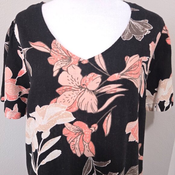 Nicole Miller Linen Blend Shift Short Sleeve Black Floral Dress - Large - Picture 2 of 9
